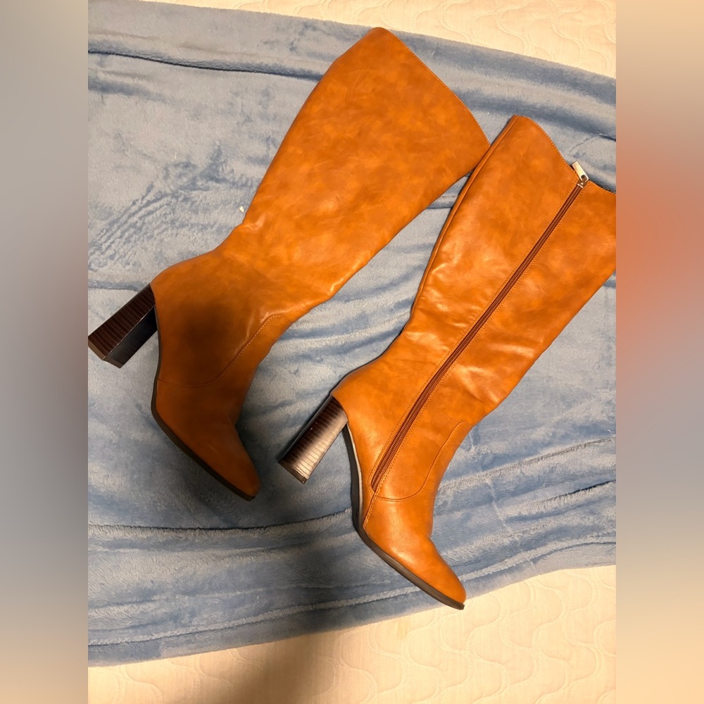 Wide calf Tall Cognac Vegan Leather Block Heel Boots